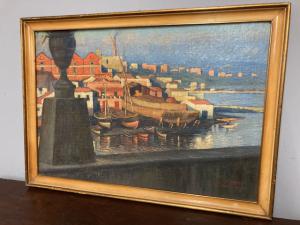 Antique painting "City of Taranto" by artist Dante Canasi, 1925. Oil on fiberboard, 91 x 65 cm.